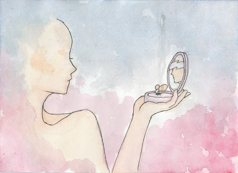A drawing on a water colour background of a person looking into a mirror.