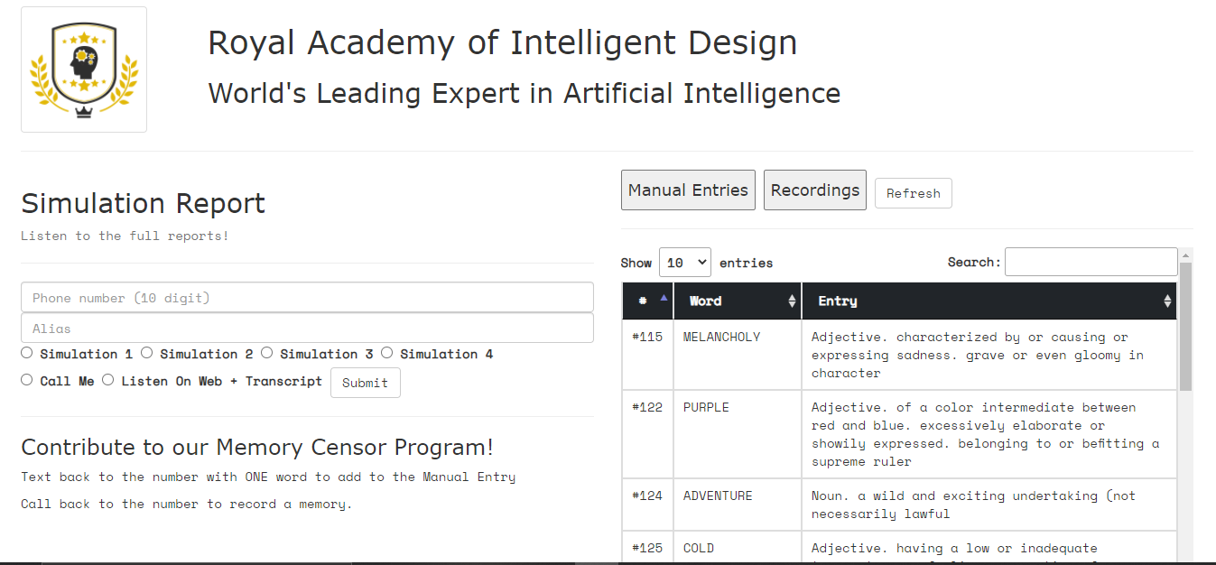 A screenshot from a website entitled “Royal Academy of Intelligent Design” 
